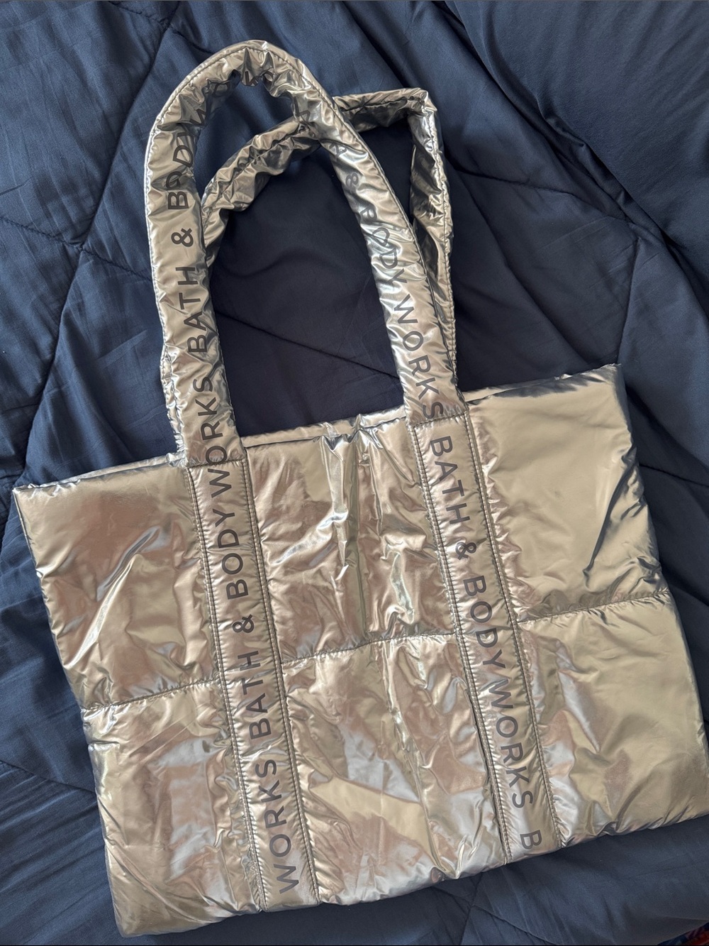 Bath & Body Works Silver Metallic Quilted Puffer Tote